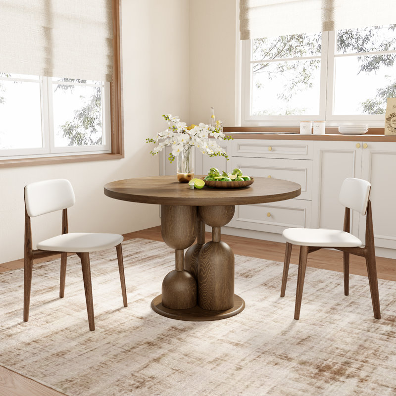 Amberly 47"/53"/59" Dark Walnut Round Solid Wood Dining Table with Unique Base Seats 4/6/8 for Kitchen Living Room, One-step Installation