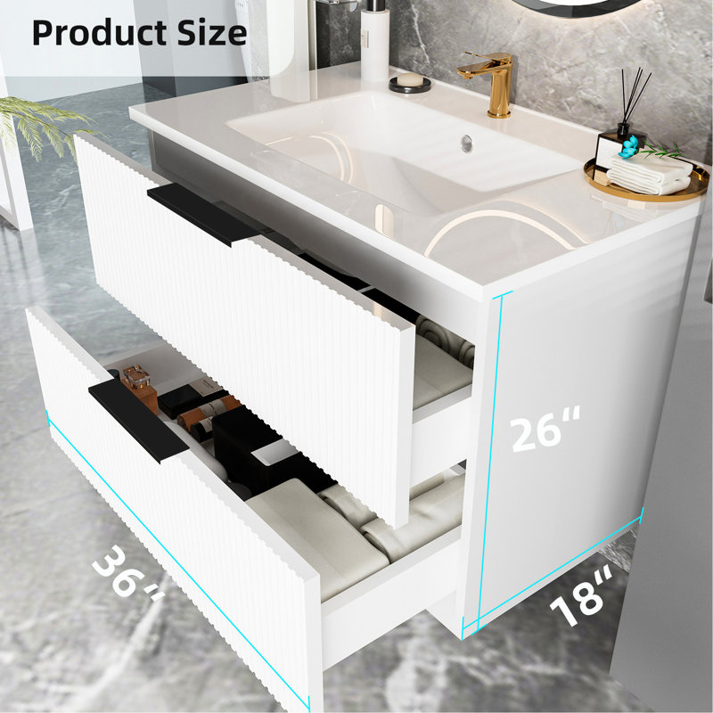 Meuble-lavabo mural blanc flottant de 36 pouces avec lavabo en céramique et deux tiroirs, premier tiroir en forme de U, grande capacité de rangement, panneau multicouche, instructions d'assemblage rapide