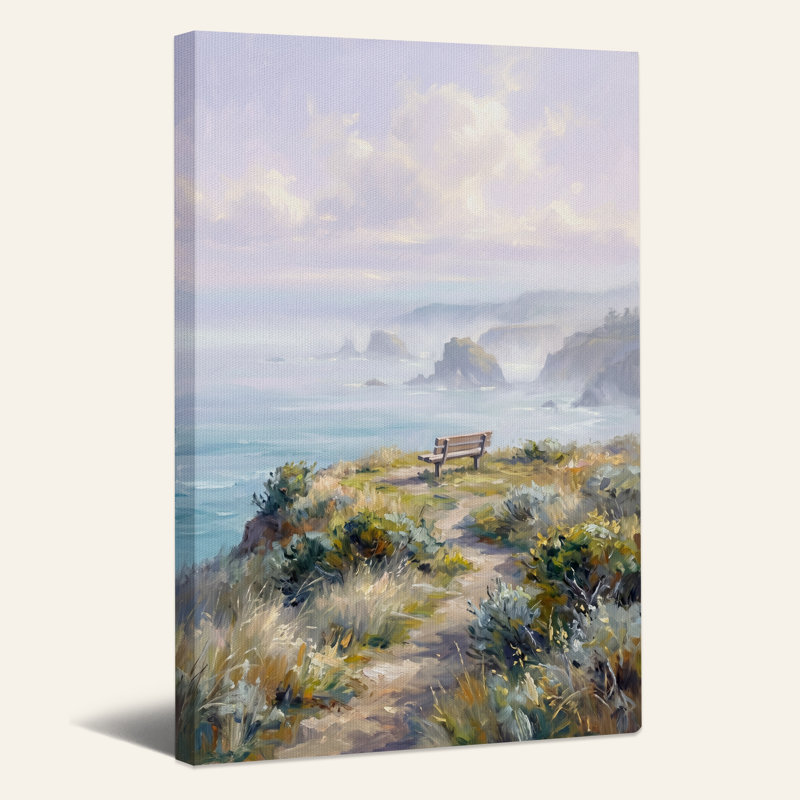 Art mural sur toile en bois sur un sentier côtier surplombant l'océan brumeux, H 48 po x l 32 po