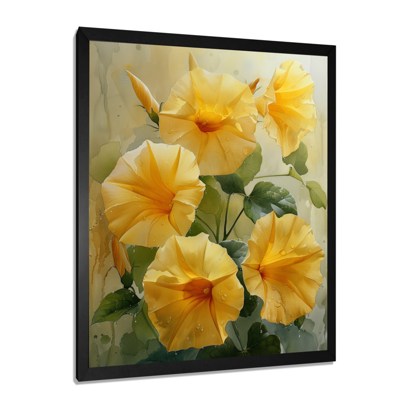 «Yellow Green Sun Morning Glory I», reproduction d'art murale, Cadre simple noir, H 34 po x l 44 po