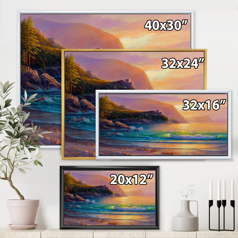 Plage romantique pendant un coucher de soleil chaud - Impression sur toile, H 24 po x l 32 po x P 1 po, Toile avec cadre noir