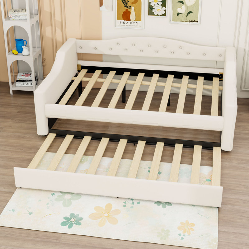 Full XL Wooden Upholstered Daybed with Trundle, LED Lights and Slats, Beige
