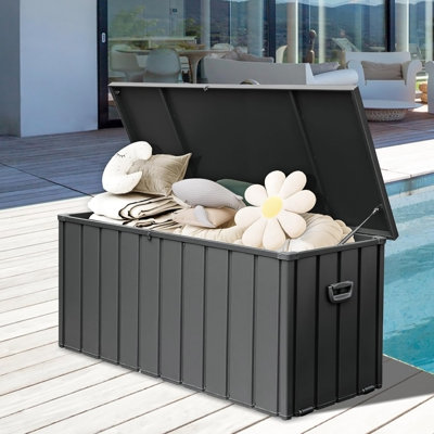 Boîte de rangement en métal 190 gallons, boîte extérieure en acier imperméable, grande armoire de rangement pour meubles de patio, banc de rangement verrouillable pour livraison de colis sous le porche, coussins, coussins, piscine, outils, cour arrière, gris