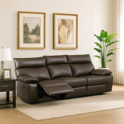 Ozy Manual Recliner Sofa, Pillow Arms, Brown Vegan Leather 88 Inch