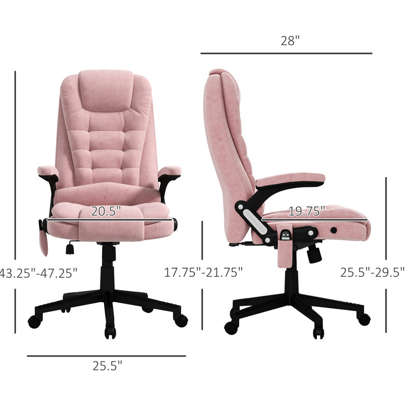 Fauteuil de massage avec hauteur de siège réglable, velours rose, lombaire chauffant, siège de bureau vibrant inclinable à 6 points, rose, soulagement de la fatigue du dossier