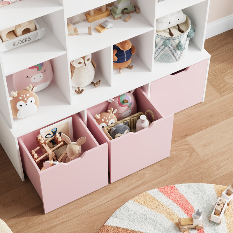 White 54.5"W Storage Bookcase, White Cube Bookcase with Removable Drawers, Blush/White