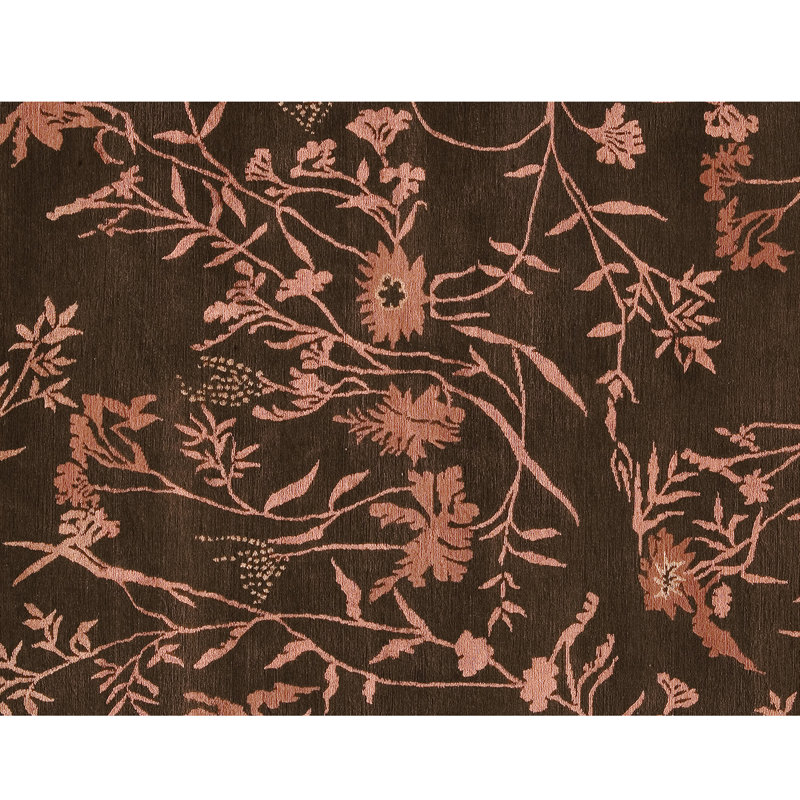 Tapis floral rose / brun en soie noué à la main Floral, Tapis de couloir 3 pi x 8 pi