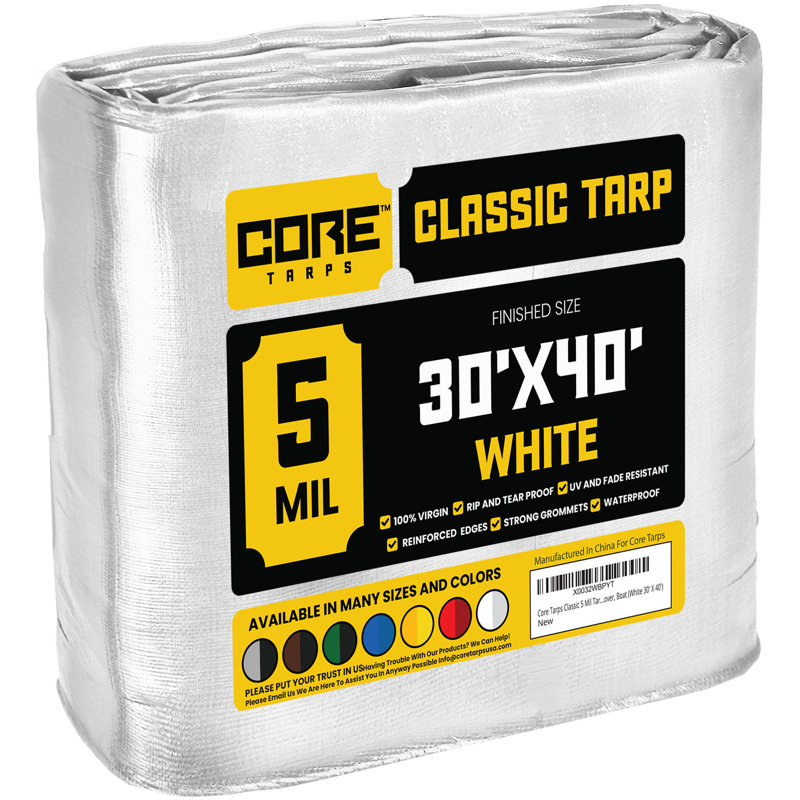 Classic 5 mil 30 pi x 40 pi, blanc, housse de bâche, imperméable, résistante aux rayons UV, à l'épreuve des déchirures et des déchirures, bâche en poly avec bords renforcés pour toit, patio, couverture de piscine, bateau