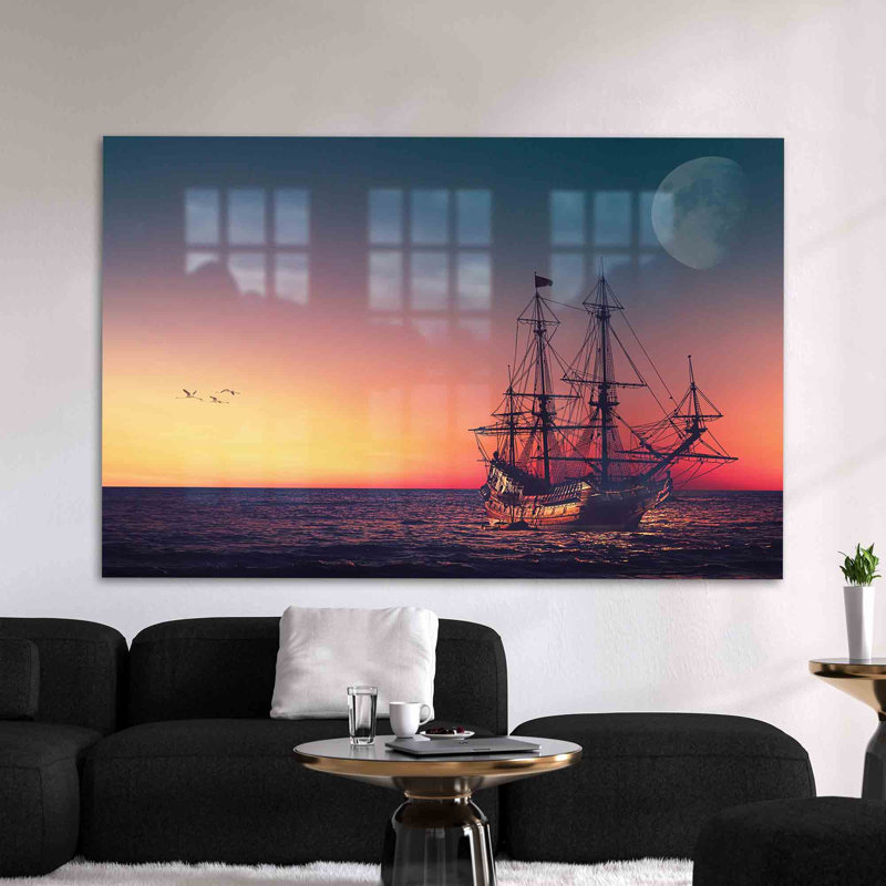 Superbe vue de paysage marin imprimée sur verre trempé avec un majestueux bateau dans l'océan, H 18,1 po x l 28,3 po