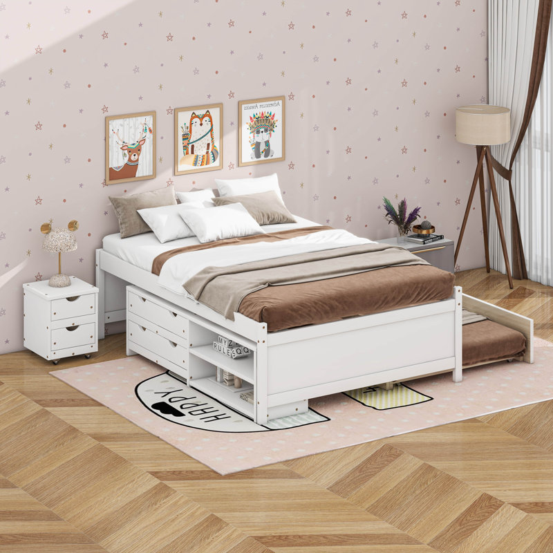  Lit de rangement double avec lit gigogne, 2 tiroirs, tablettes et table de chevet Orear, Blanc