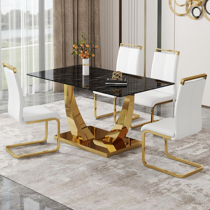 Modern Dining Table Set For 4,Rectangular Pedestal Dining Table With Chairs, Black, White