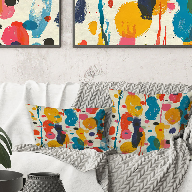 Coussin jaune et rose Midcentury Paint Splatter III, H 16 po x l 16 po