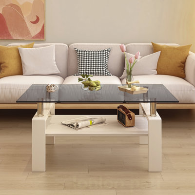 Table basse moderne moderne avec plateau en verre trempé et panneau de fibres à densité moyenne, parfaite pour les salons contemporains