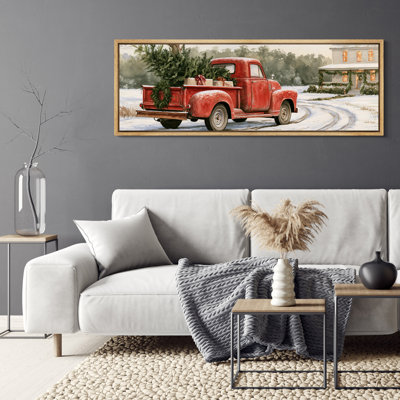 Vintage Red Christmas Truck with Tree and Gifts - Large Framed Canvas Master Bedroom Wall Art Print