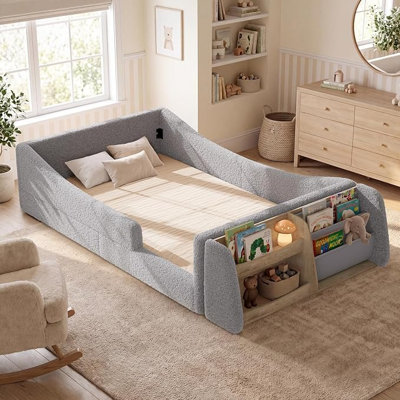 Lit sur pied, lits Montessori bas, lattes et rails hauts, lit tapissier | Cadre de lit convertible 2-en-1, cadre rond incurvé, doux, filles et garçons, aucun sommier requis, assemblage facile, cadre en métal
