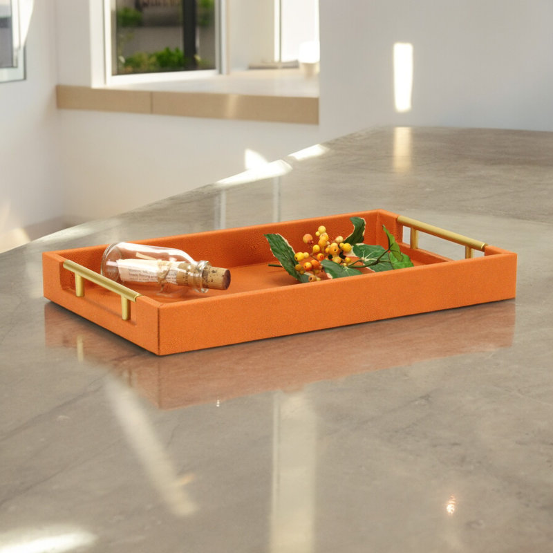 Plateau de service rectangulaire en faux chagrin fini à la main Baidy, Orange