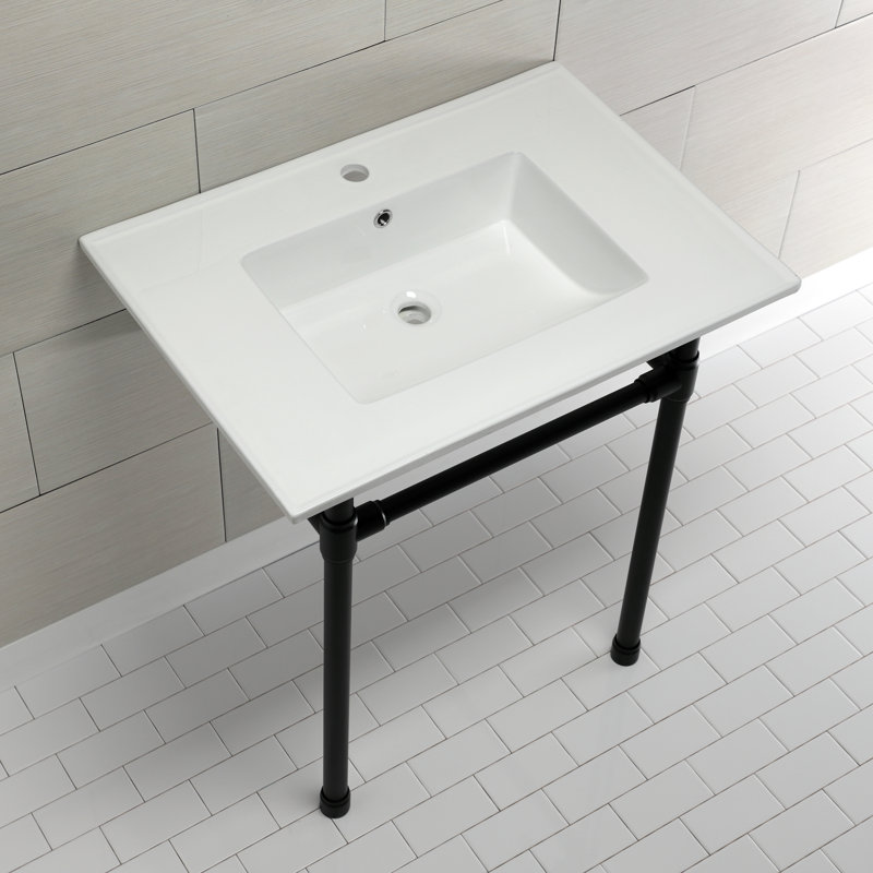Kingston Brass Dreyfuss 31-Inch Ceramic Console Sink with Stainless Steel Legs, Matte Black, Single