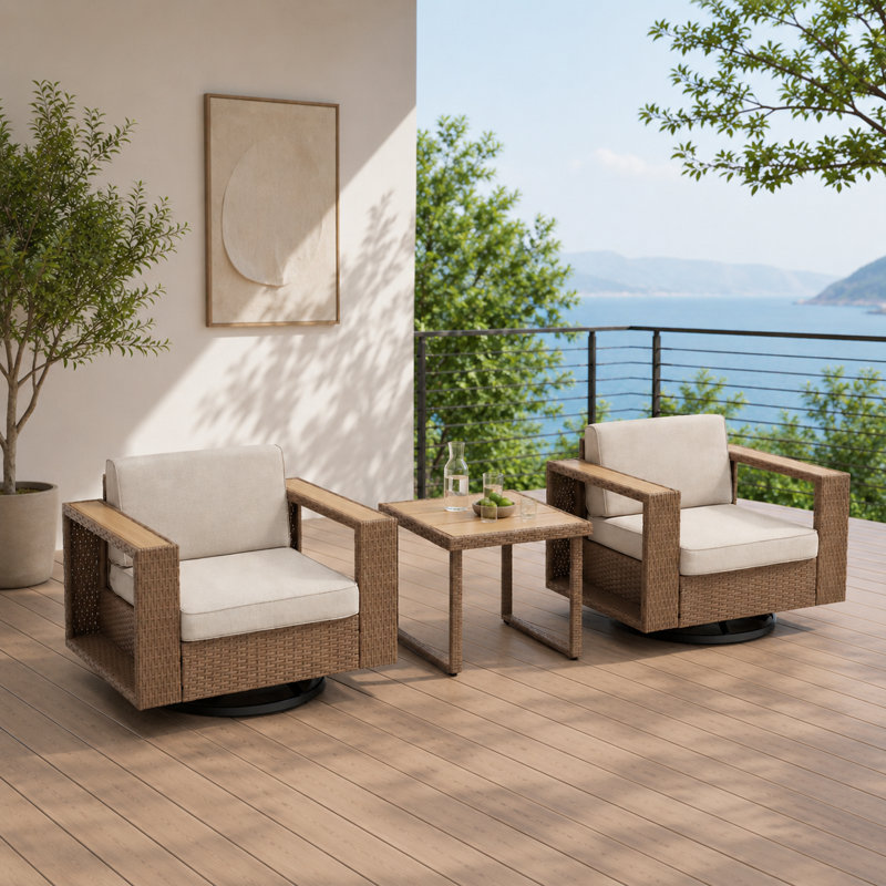 Chaises pivotantes d'extérieur en rotin pour terrasse 3 pièces avec table