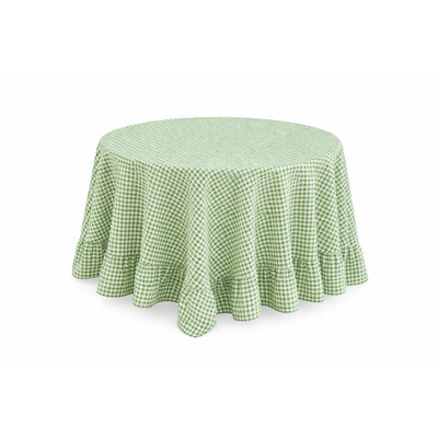 Farmhouse Green Gingham Ruffled Tablecloth, Cottage Plaid Dining Table Cover With Ruffle Edge 72" Round