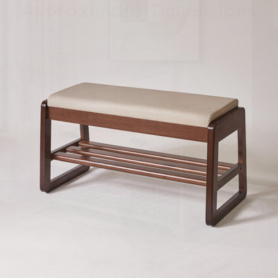 Wood Shoe Storage Bench with Premium Vegan Leather Seat, Hidden Lift Top Storage, and Tiered Open Shelves for Entryway or Bedroom