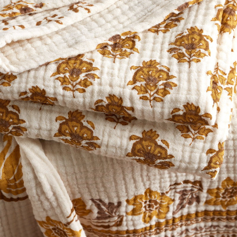 Ines Floral Cotton Matelassé Bedspread Throw Blanket, Yellow