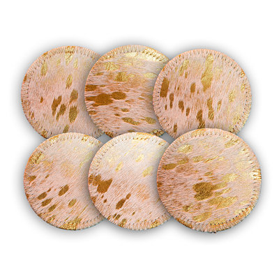 Gold Acid Washed Cowhide Coasters with Top Stiched Border (Set of 4 Coasters plus Holder)