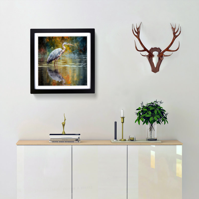 Heron Impressionism - Single Picture Frame Print on Wood, Black