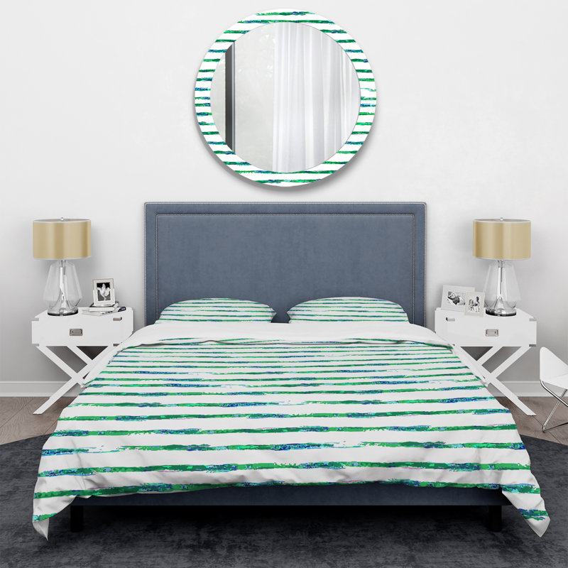 White and Green Striped Pattern - Abstract Duvet Cover Set - Microfiber Polyester