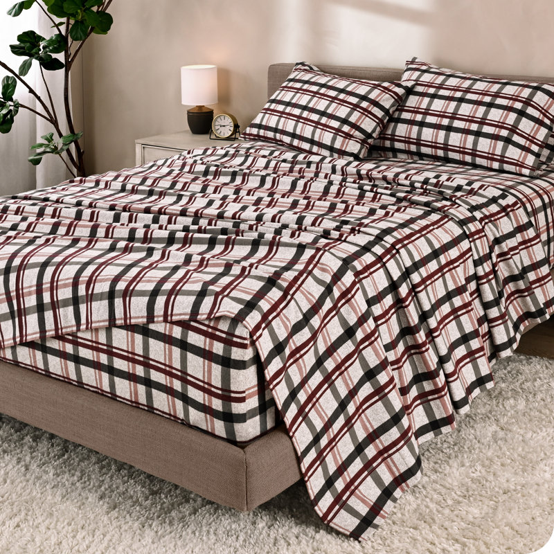Ensemble de draps 100% flanelle de coton, Ensemble de draps très grand californien avec 2 t, Tissu écossais nordique noir