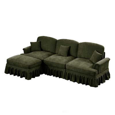 Mid Century Three Seater Modular L Shaped Sectional Couch With Flared Arms And Removable Ruffles Pleats Skirts, Spindle Legs, And Movable Ottoman In Green Chenille