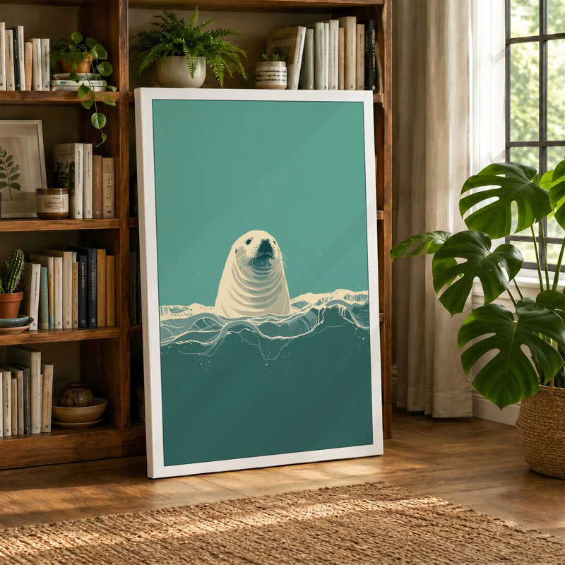 Seal in Waves Coastal - Wrapped Canvas, 24x16 - 61.0 x 40.6 cm, Sage Border