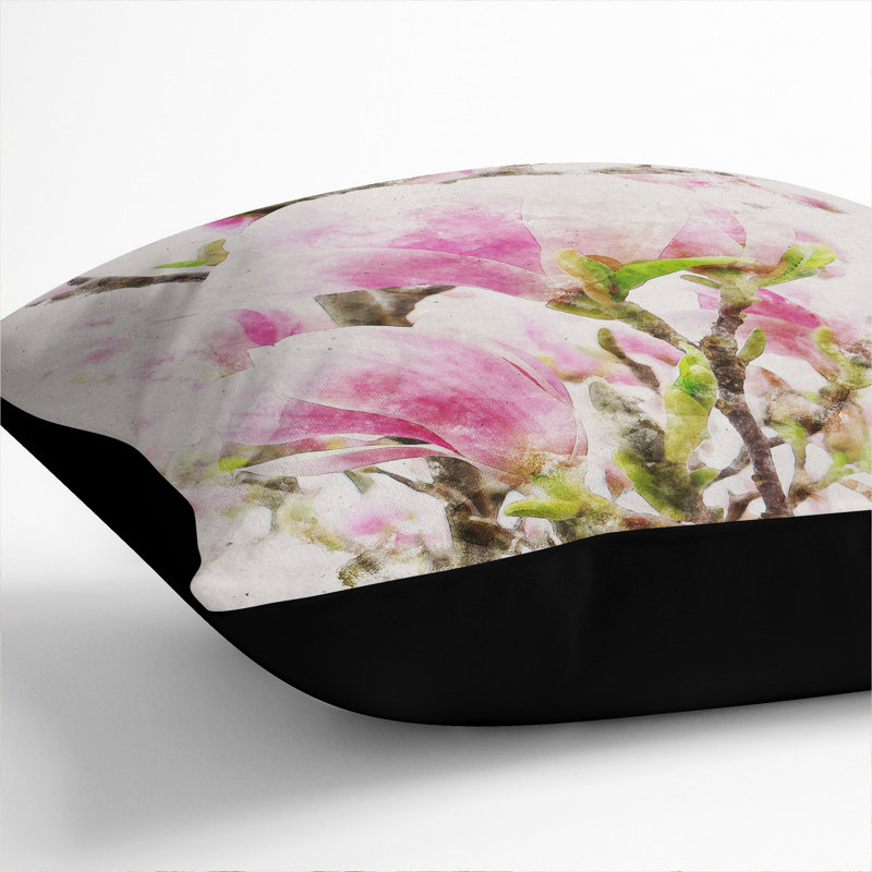 Pink Magnolia Blossom Flowers Scatter Cushion, 40cm H x 40cm W x 15cm D, Black