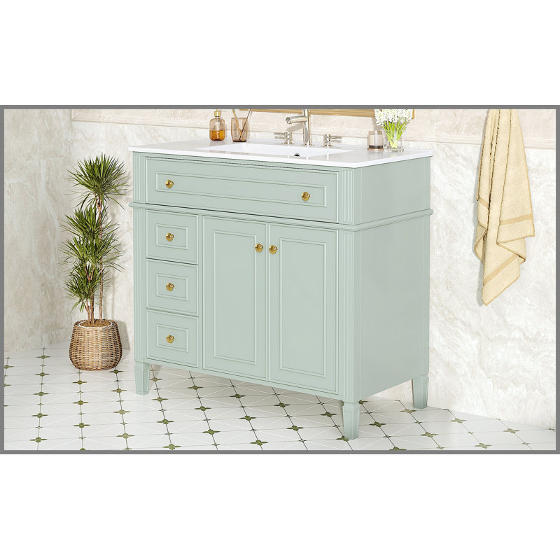 Meuble-lavabo 36 po avec lavabo, armoire en bois massif vert avec tiroir rabattable, 3 tiroirs et 2 portes à fermeture en douceur, poignées dorées et design moderne, deux ensembles