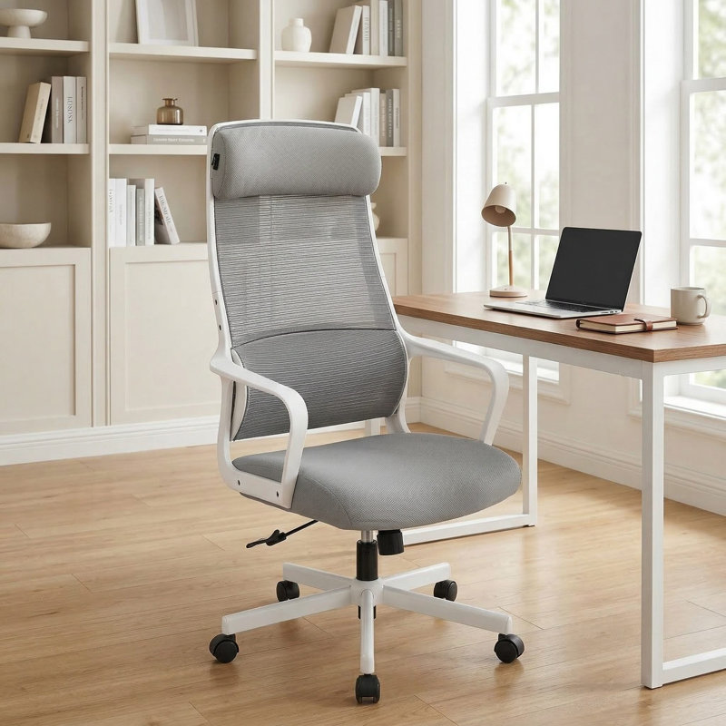Fauteuil de bureau ergonomique respirant à dossier haut en filet avec appui-tête chauffant pour bureau à domicile