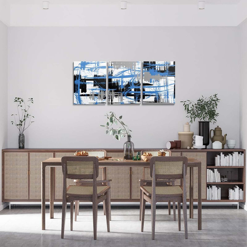 3 Piece Wrapped Canvas Wall Art, Blue/White