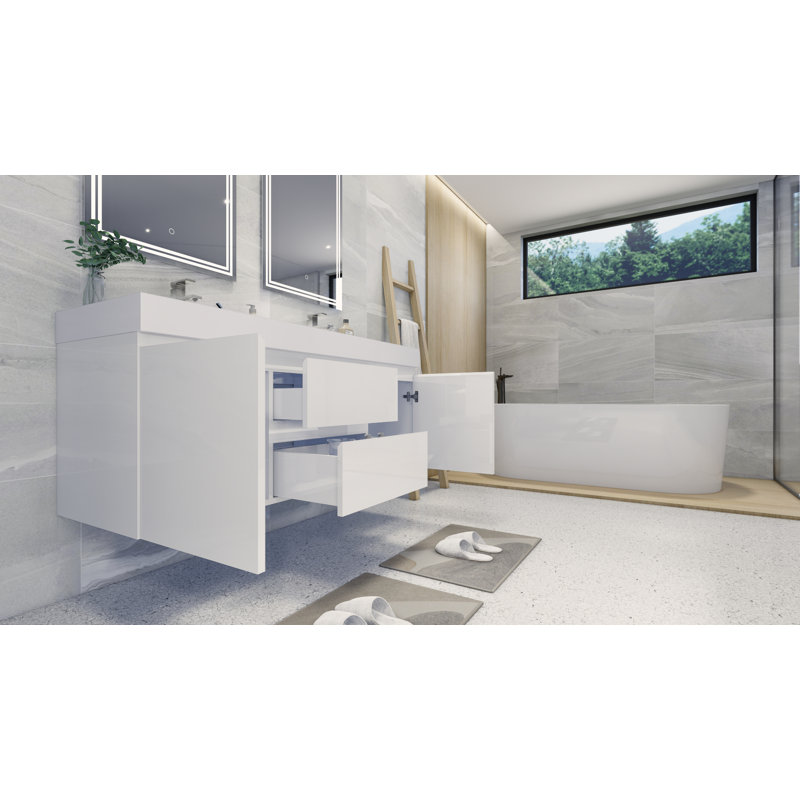 Ensemble de meuble-lavabo double mural de 59 po Mitul, Blanc très luisant