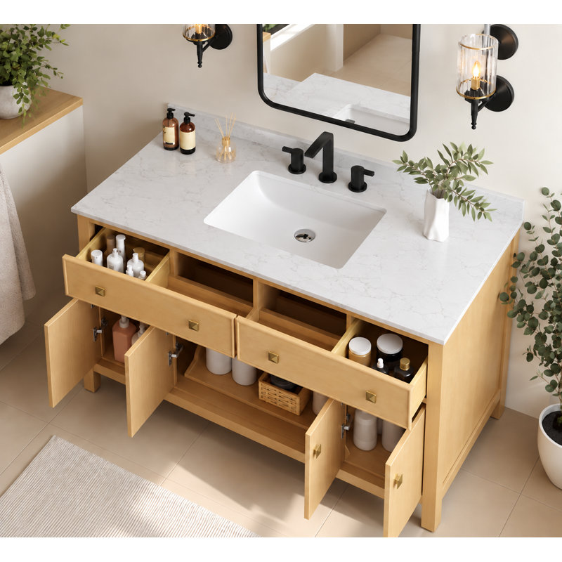 Meuble-lavabo simple 48 po avec dessus en marbre d'ingénierie, fermeture en douceur et protection anti-éclaboussures Lignum