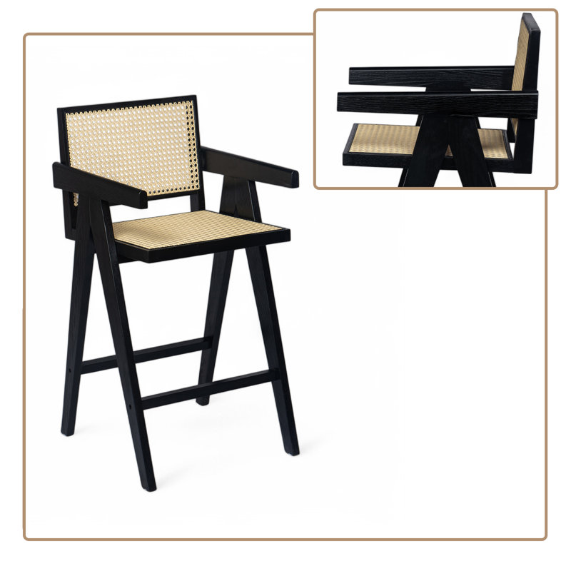 Ensemble de 2 chaises de salle à manger de style Mid-Century moderne en bois avec assise et dossier en rotin tissé, Noir
