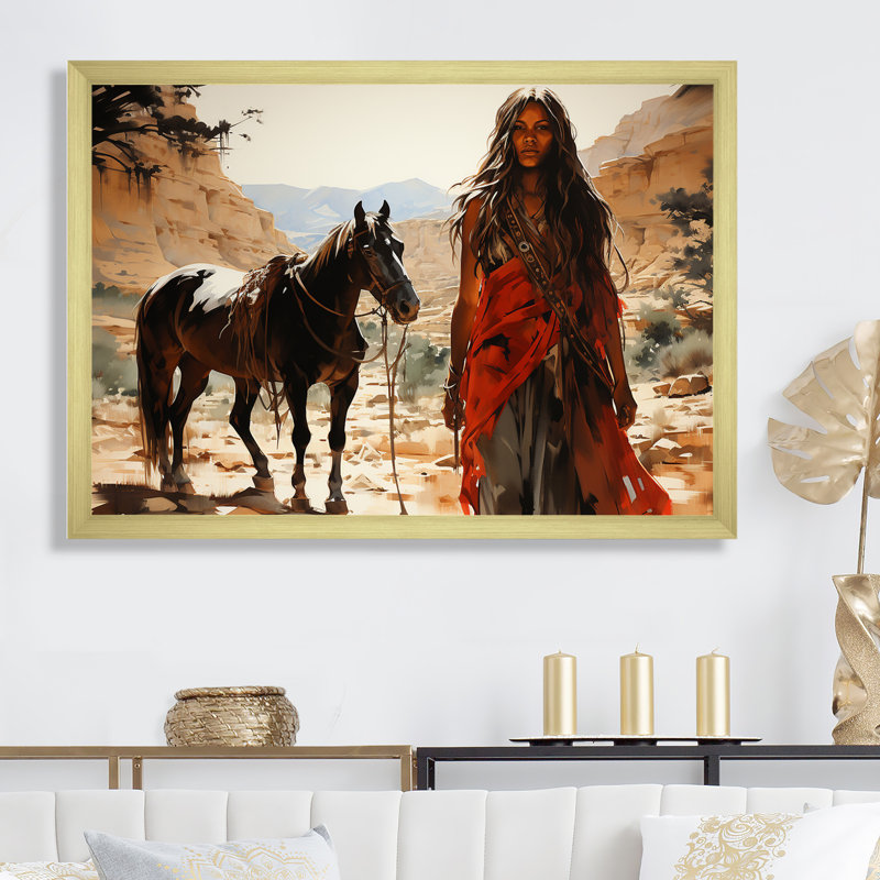 «Native American Warriro Canyon Echoes», art mural sur toile, Cadre doré simple, H 34 po x l 44 po x P 1,5 po