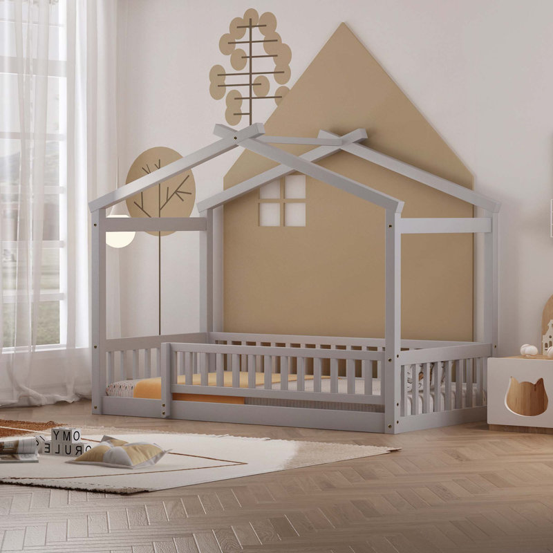 Structure de lit en bois avec clôture, gris, Simple