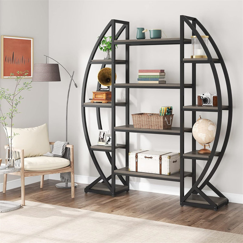 55" Triple Wide Oval Industrial Gray Etagere Bookcase For Office, Gray