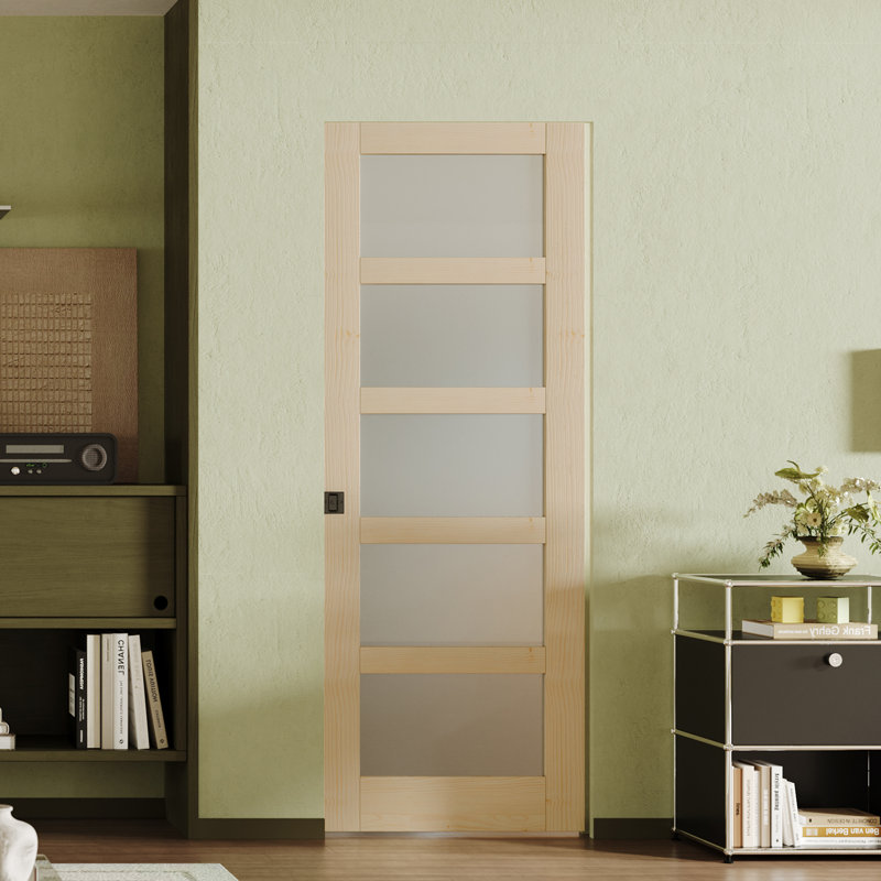 Ensemble de quincaillerie de porte en bois de pin massif givré avec porte coulissante 5 pièces, 28 po x 80 po