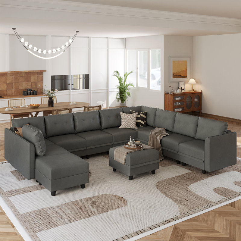 Canapé modulaire avec méridienne avec repose-pieds de 137 po de large Mizuho, Similicuir gris