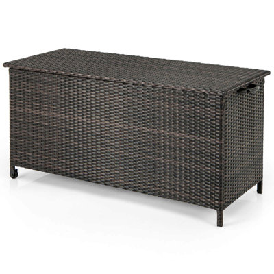 Costway 85 Gallon Rattan Deck Box With Waterproof Liner Universal Wheels & Gas Strut