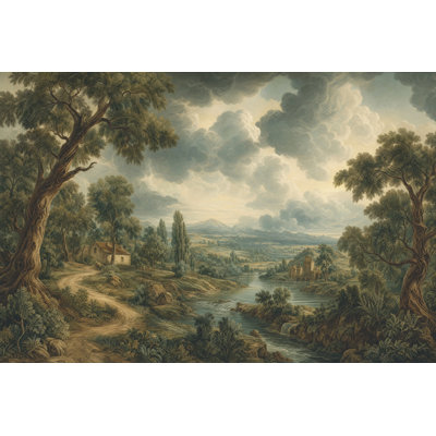 Papier peint pastel vert paysage pastoral amovible