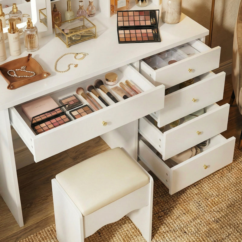 Ensemble de coiffeuse avec miroir coulissant et lumières, Blanc