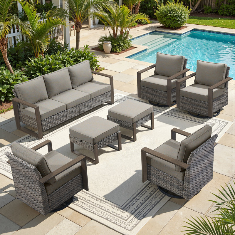 Bothwell 7-Pices Outdoor Sofa Seating Group With Swivel Chairs, Sofa,Ottomans And Cushions, Gray, Gray