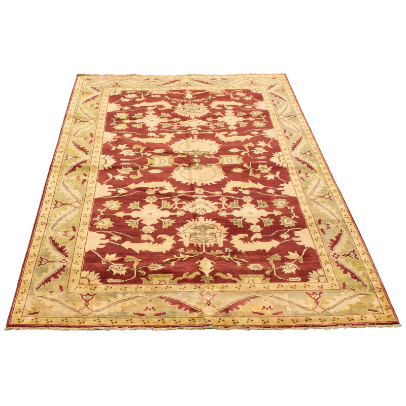 Tapis rouge foncé/vert/beige en laine noué à la main Gossard