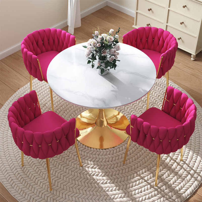 Round Pedestal Dining Set with Woven Dining Chair, Rose Red