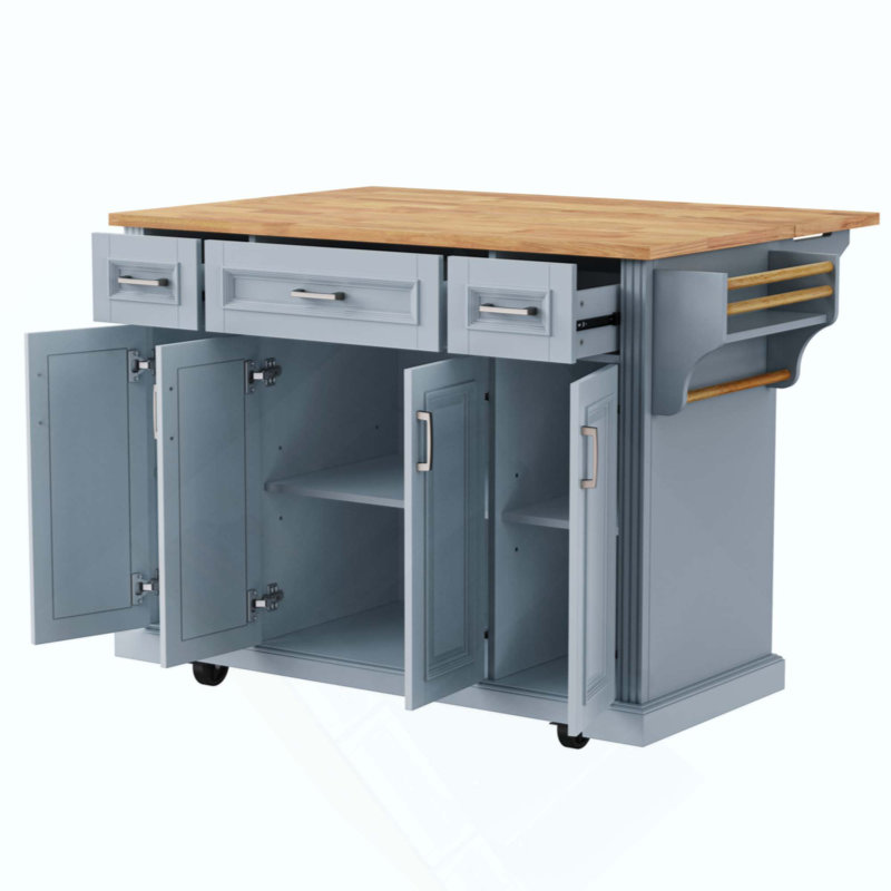 Kitchen Island With Rubber Wood Drop Leaf, Embossed Texture Rolling Kitchen Cart On 4 Wheels With 4 Doors And 3 Drawers, Kitchen Island With Storage For Kitchen, Dining Room